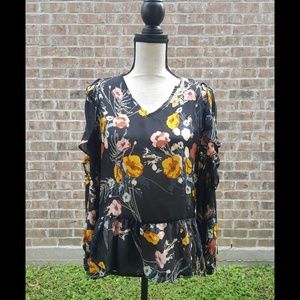 NWOT Black Floral Hi-Low Long Sleeve with Slit